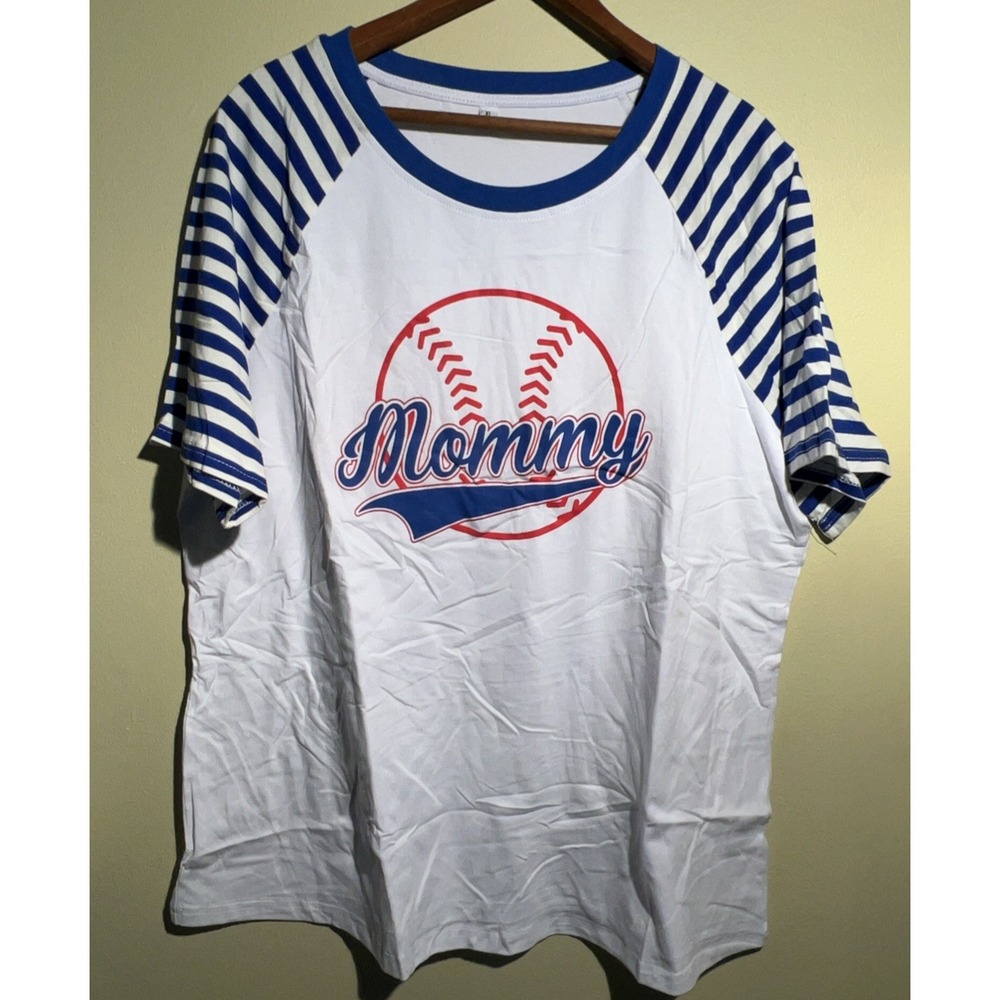 Baseball Game Day Short Sleeve Shirt Mommy XL White Blue Striped Sleeves Ball
